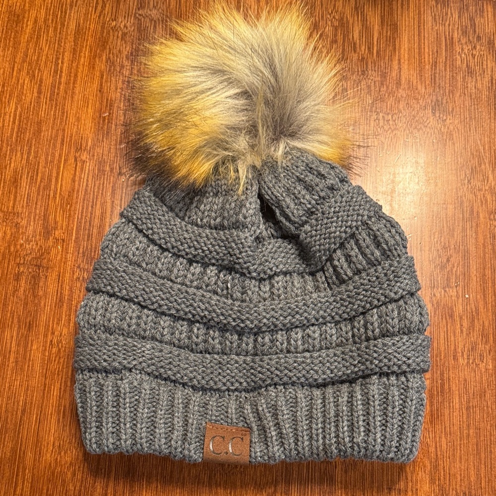 CC Boutique Gray Knit Beanie with Faux Fur Pom-Pom